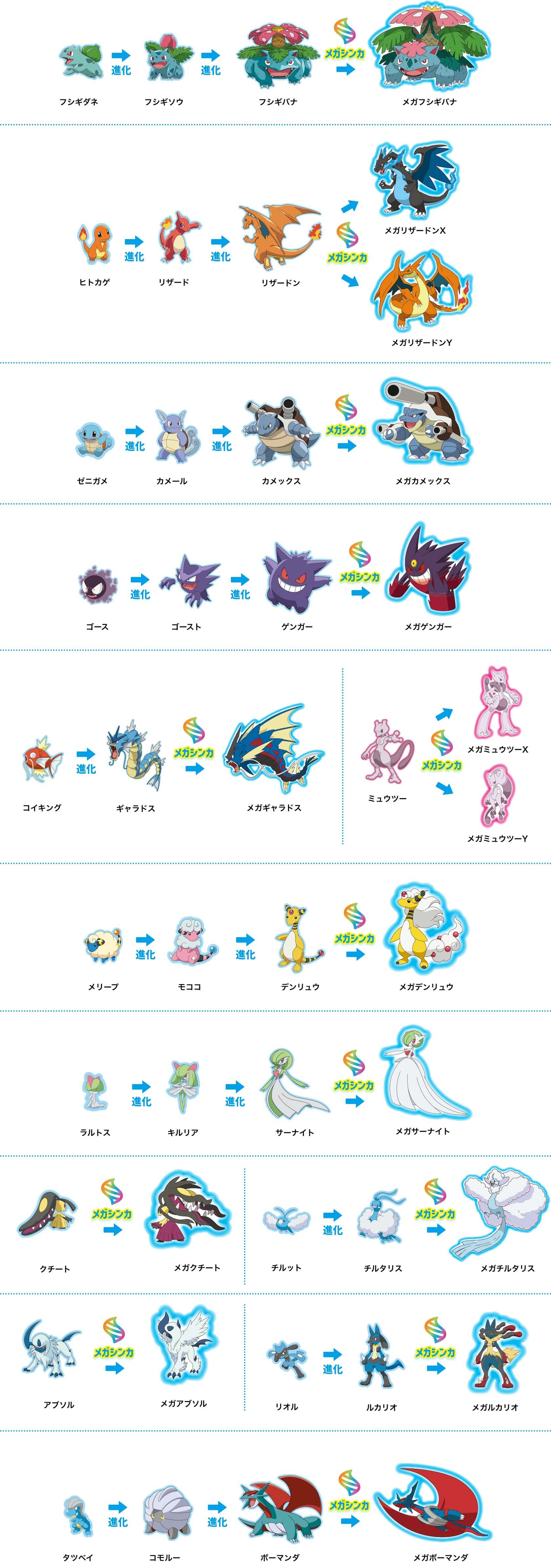 フシギダネ → (進化)フシギソウ → (進化)フシギバナ → (メガシンカ)メガフシギバナ
ヒトカゲ → (進化)リザード → (進化)リザードン → (メガシンカ)メガリザードンX/メガリザードンY
ゼニガメ → (進化)カメール → (進化)カメックス → (メガシンカ)メガカメックス
ゴース → (進化)ゴースト → (進化)ゲンガー → (メガシンカ)メガゲンガー
コイキング → (進化)ギャラドス → (メガシンカ)メガギャラドス
ミュウツー → (メガシンカ)メガミュウツーX/メガミュウツーY
メリープ → (進化)モココ → (進化)デンリュウ → (メガシンカ)メガデンリュウ
ラルトス → (進化)キルリア → (進化)サーナイト → (メガシンカ)メガサーナイト
クチート → (メガシンカ)メガクチート
チルット → (進化)チルタリス → (メガシンカ)メガチルタリス
アブソル → (メガシンカ)メガアブソル
リオル → (進化)ルカリオ → (メガシンカ)メガルカリオ
タツベイ → (進化)コモルー → (進化)ボーマンダ → (メガシンカ)メガボーマンダ
